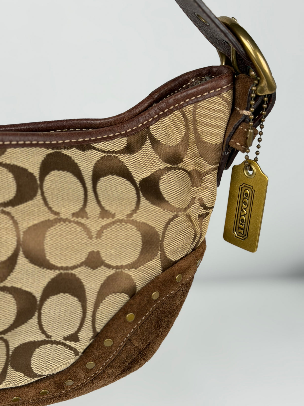 Coach RARE 7057 Hobo Signature Shoulder Bag Gold Embellishments Brown Suede Trim