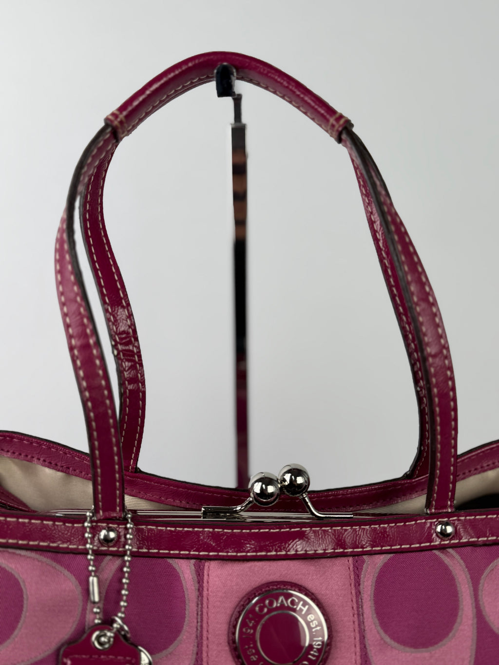 Coach F19460 Kisslock Signature Pink Monogram Shoulder Bag Leather Trim