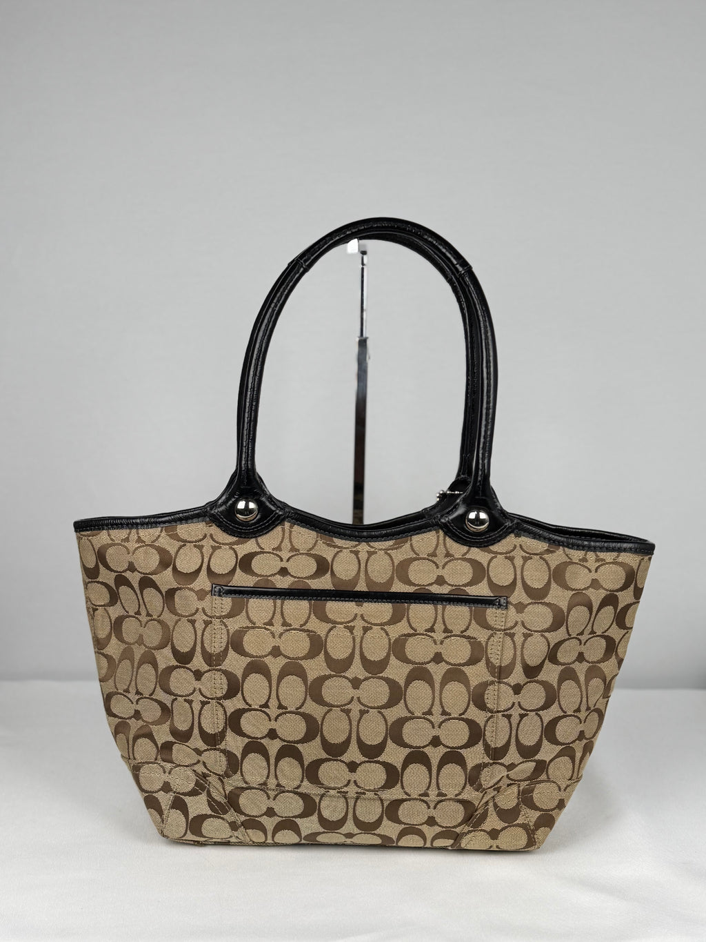 Coach F14385 Bleecker Signature Brown Monogram Tote Shoulder Bag Black Leather Trim
