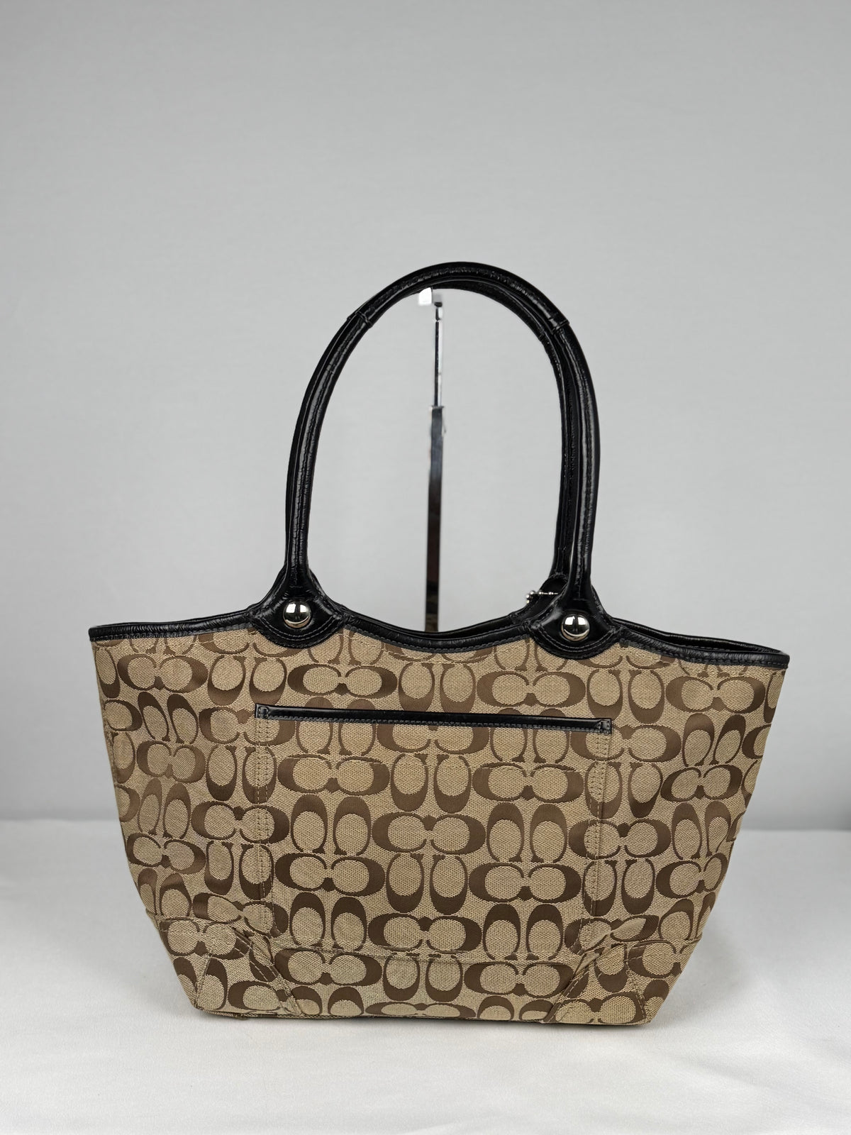 Coach F14385 Bleecker Signature Brown Monogram Tote Shoulder Bag Black Leather Trim