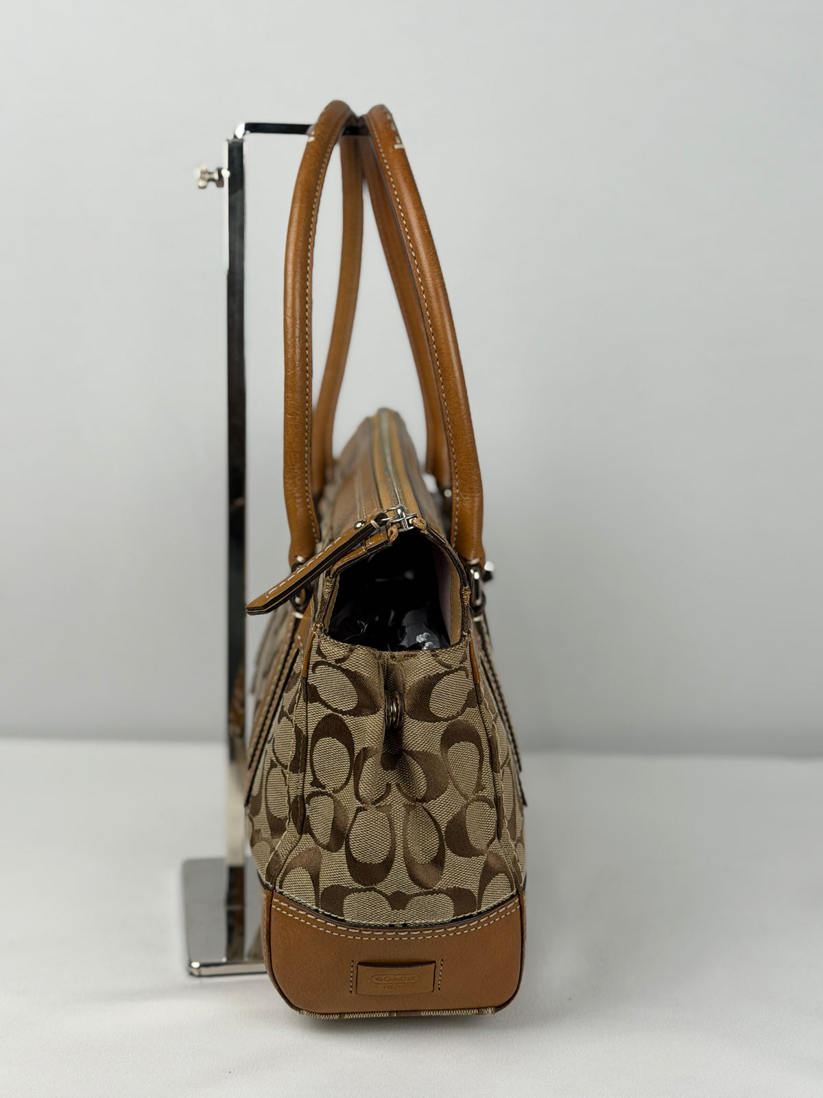 Coach 11589 Hampton Turnlock Signature Brown Monogram Shoulder Bag Leather Trim