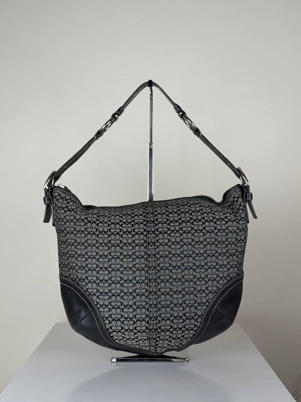 Coach 1461 Black and Grey Signature Monogram Hobo Shoulder Bag Leather Trim