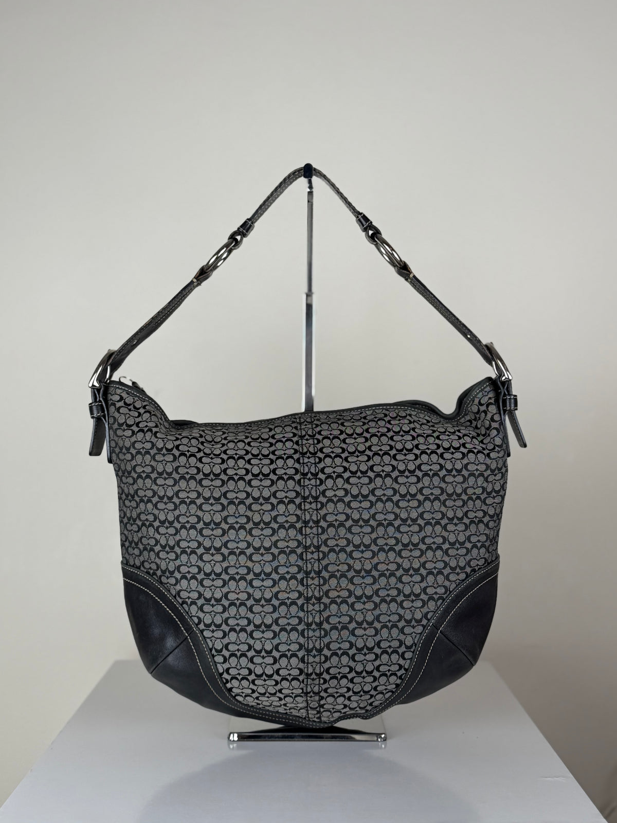 Coach 1461 Black and Grey Signature Monogram Hobo Shoulder Bag Leather Trim