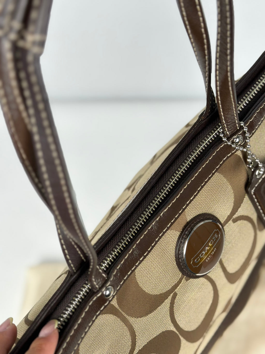 Coach F15112 Signature Brown Monogram Tote Shoulder Bag Leather Trim