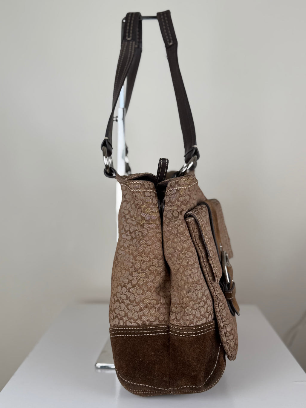 Coach 6427 Signature Brown Monogram Soho Shoulder Bag Suede Leather Trim