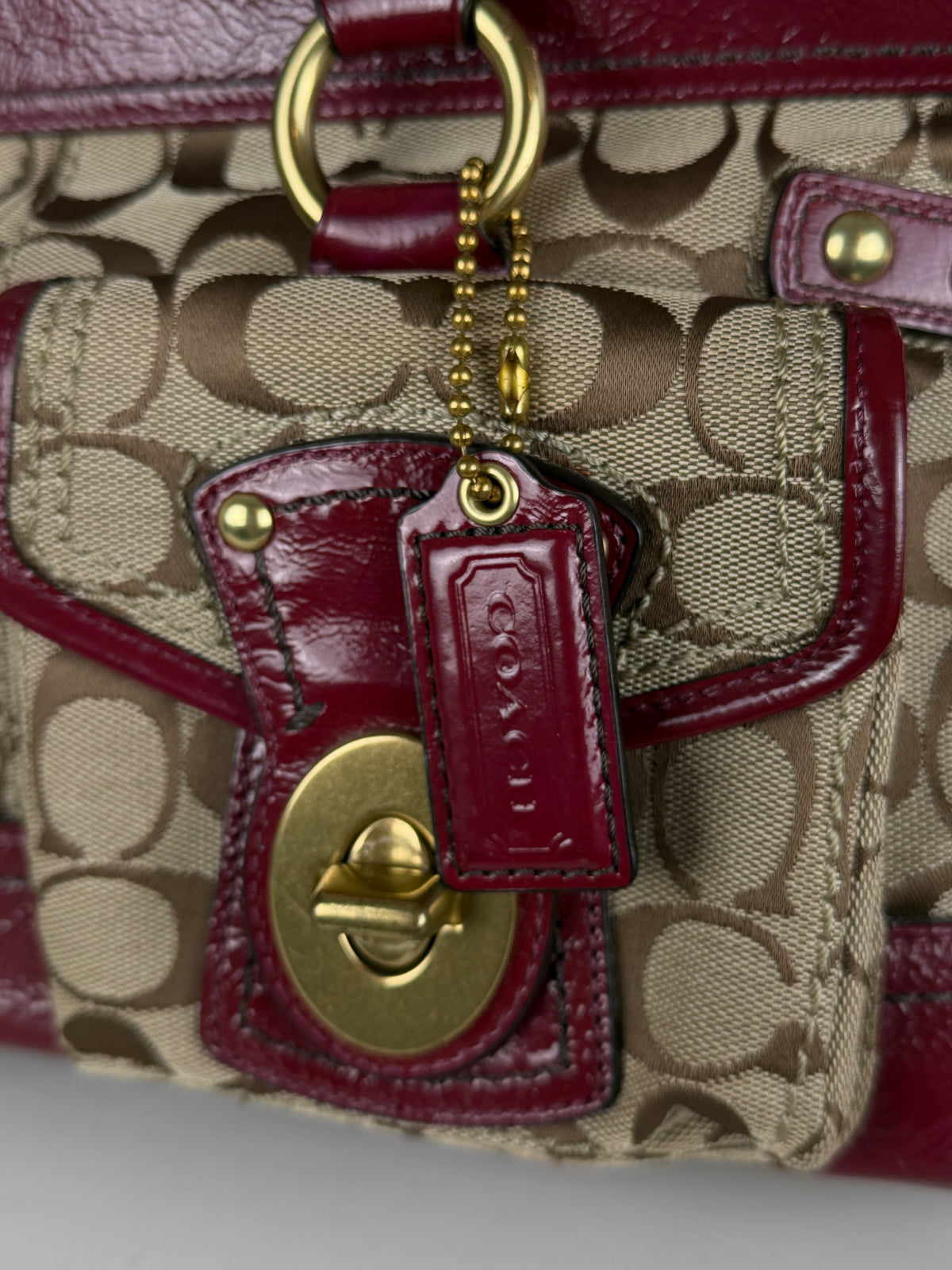 Coach F13131 Legacy Rare Turnlock Double Pocket Signature Brown Monogram Shoulder Bag Red Patent Leather Trim
