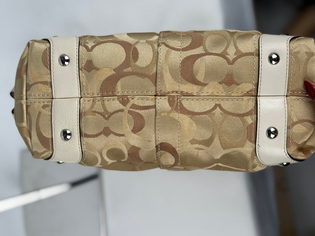 Coach F13980 Carly Optic Art Brown/Beige Monogram Shoulder Bag White Leather Trim