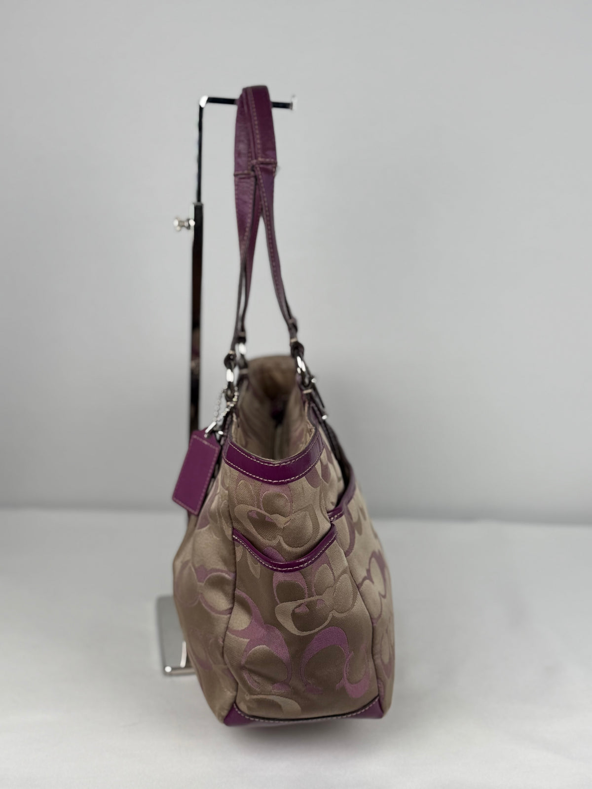 Coach F20444 Gallery Tote Optic Art Pink/Beige/Purple Shoulder Bag Leather Trim