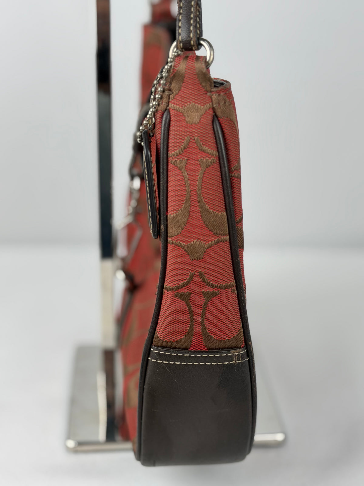 Coach 6091 Hampton Clip Signature Red/Brown Monogram Shoulder Bag Leather Trim