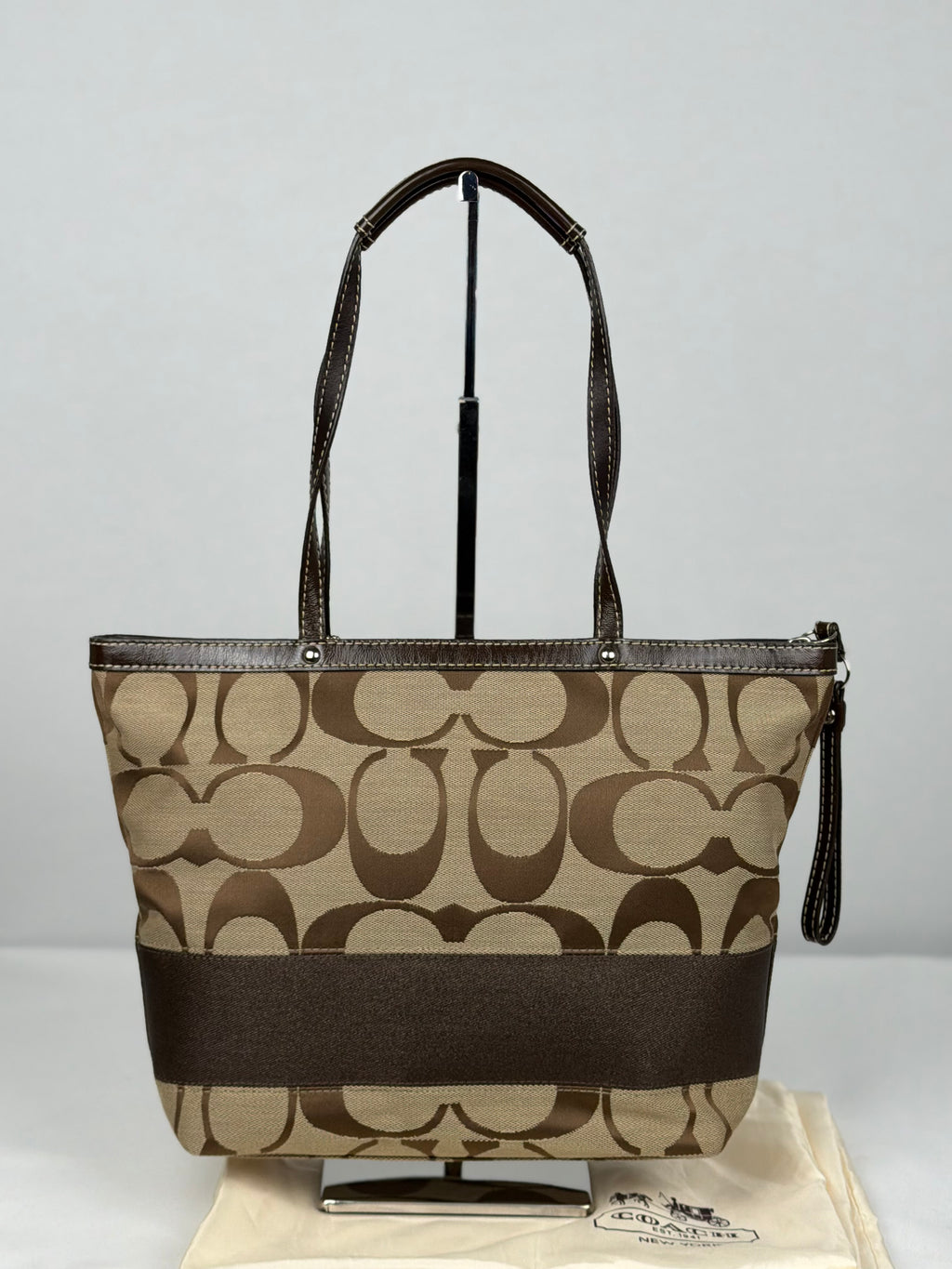 Coach F15112 Signature Brown Monogram Tote Shoulder Bag Leather Trim