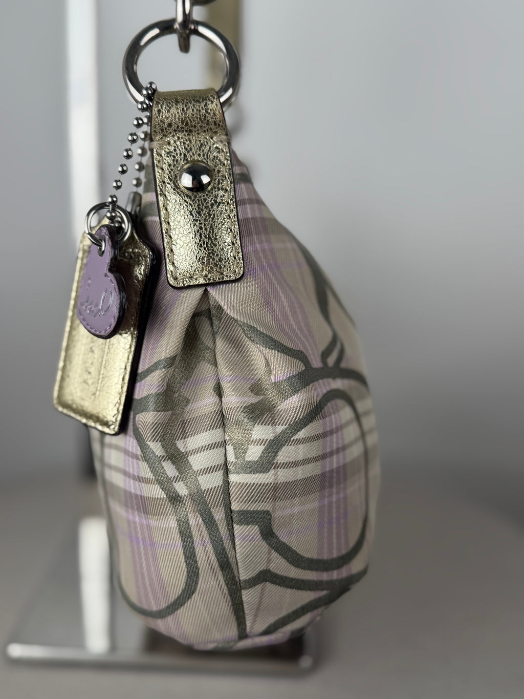 Coach F17120 Purple/Beige Checkered Monogram Shoulder Bag Leather Trim