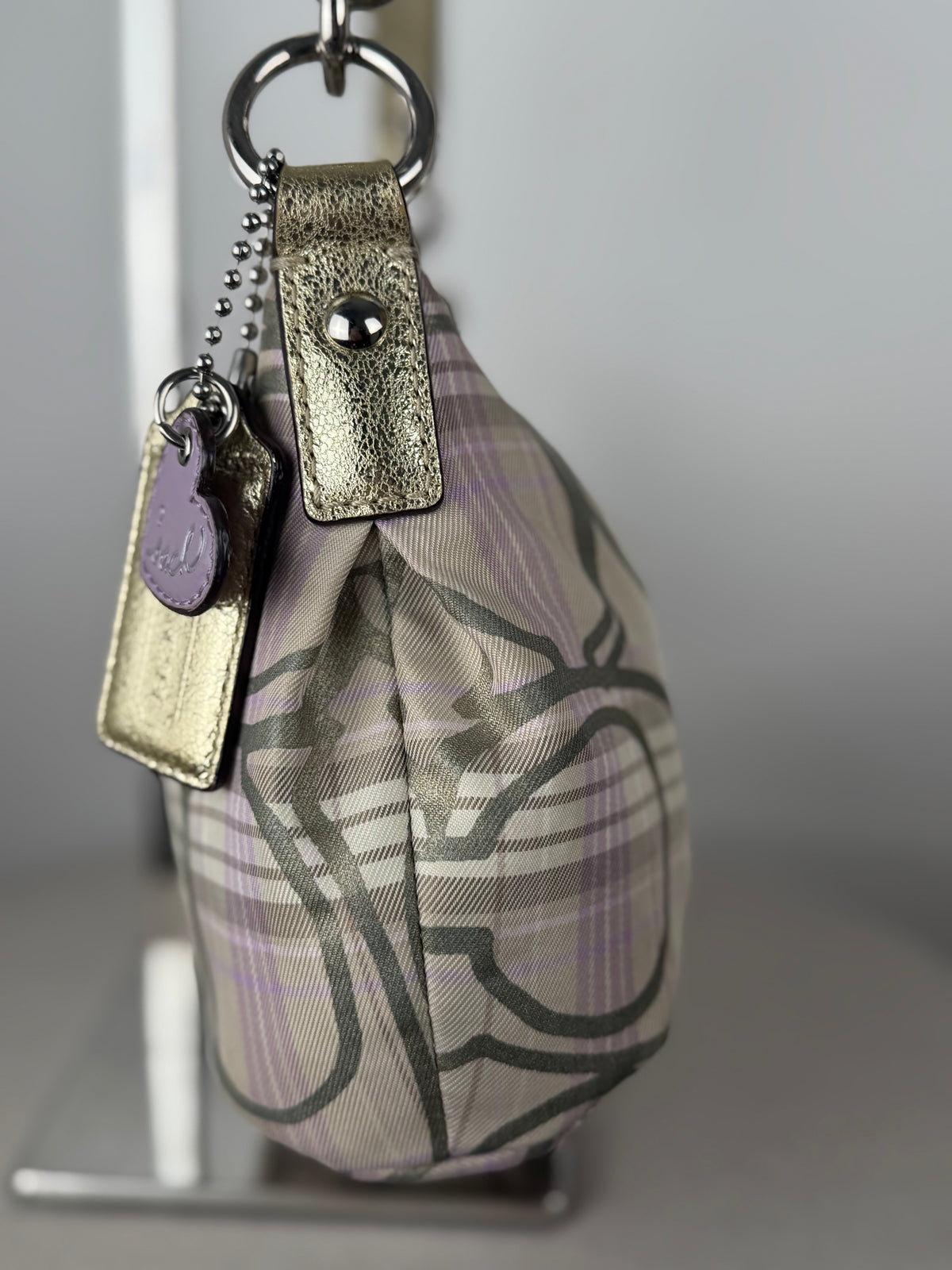 Coach F17120 Purple/Beige Checkered Monogram Shoulder Bag Leather Trim