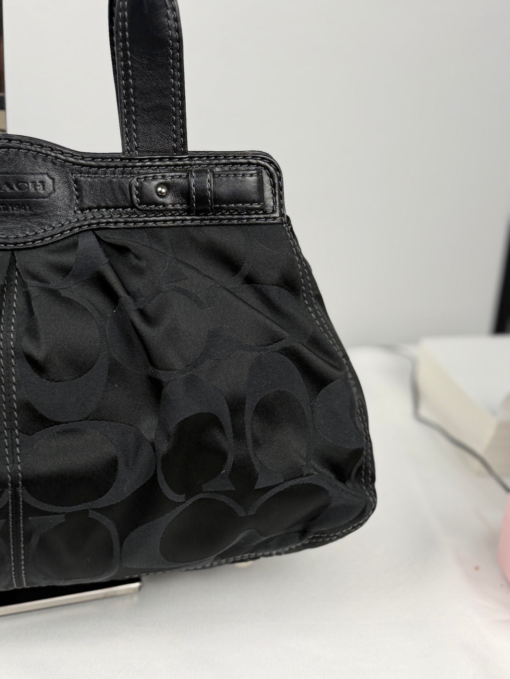 Coach F13906 Signature Black Monogram Satchel Turnlock Shoulder Bag Leather Trim