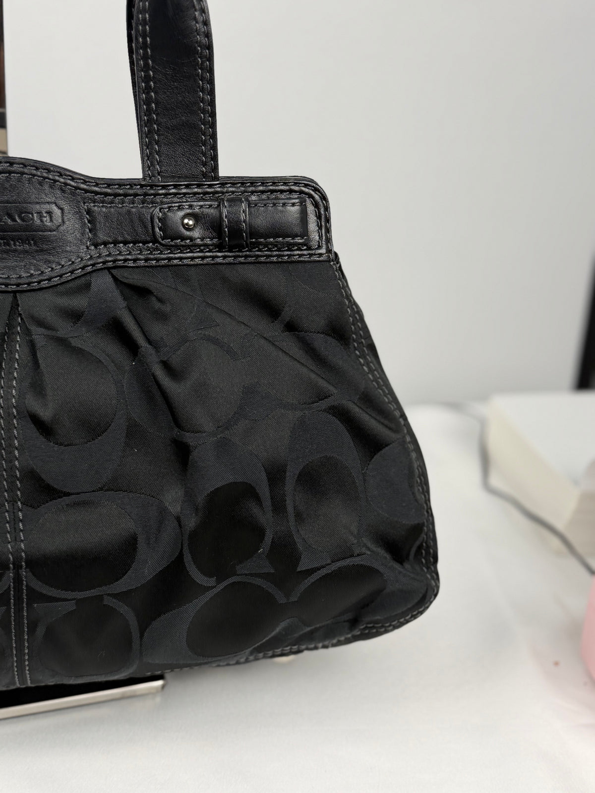 Coach F13906 Signature Black Monogram Satchel Turnlock Shoulder Bag Leather Trim