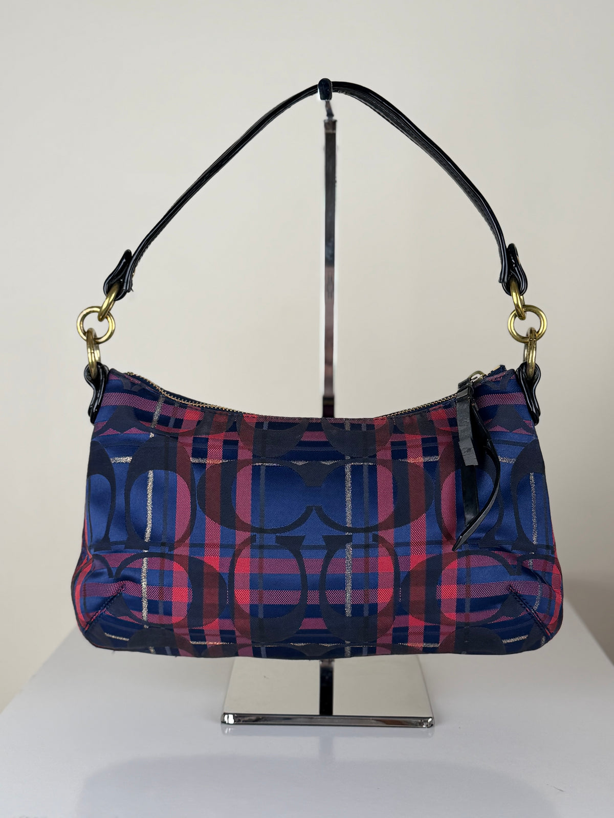 Coach 21621 Check Pattern Blue/Red/Pink Monogram Shoulder Bag