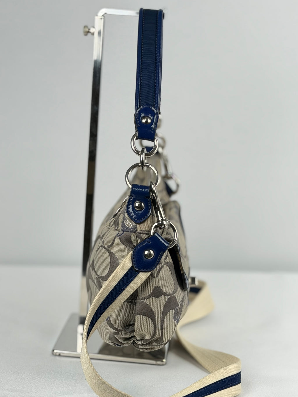 Coach F18756 Poppy Beige Monogram Blue Leather Trim Shoulder Bag