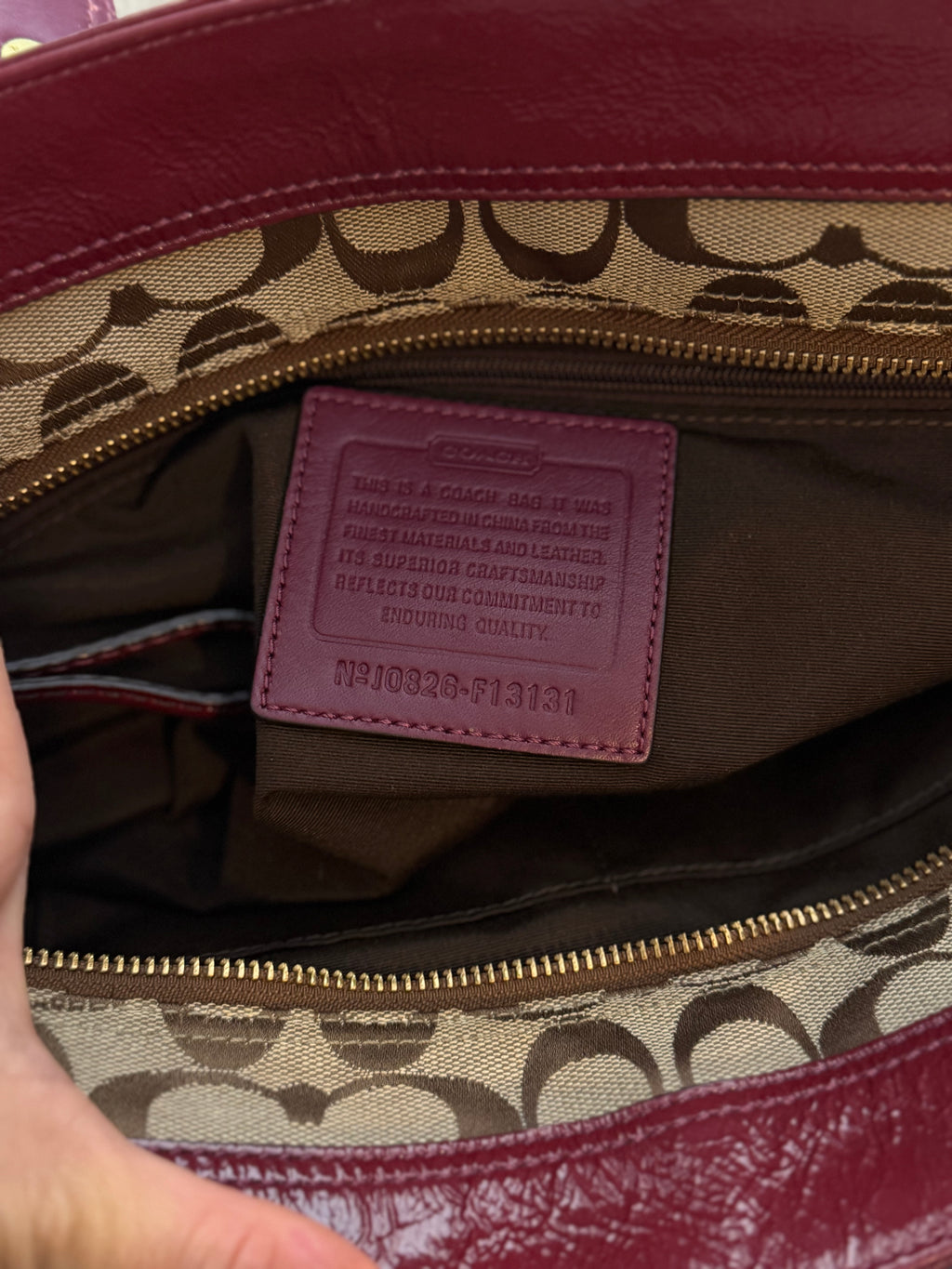Coach F13131 Legacy Rare Turnlock Double Pocket Signature Brown Monogram Shoulder Bag Red Patent Leather Trim