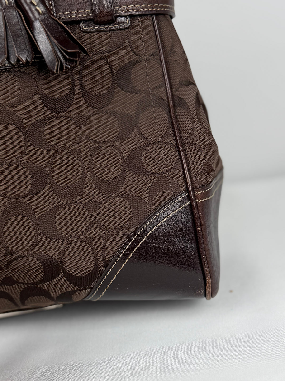 Coach 10246 Hampton Clip Signature Brown Monogram Shoulder Bag Leather Trim