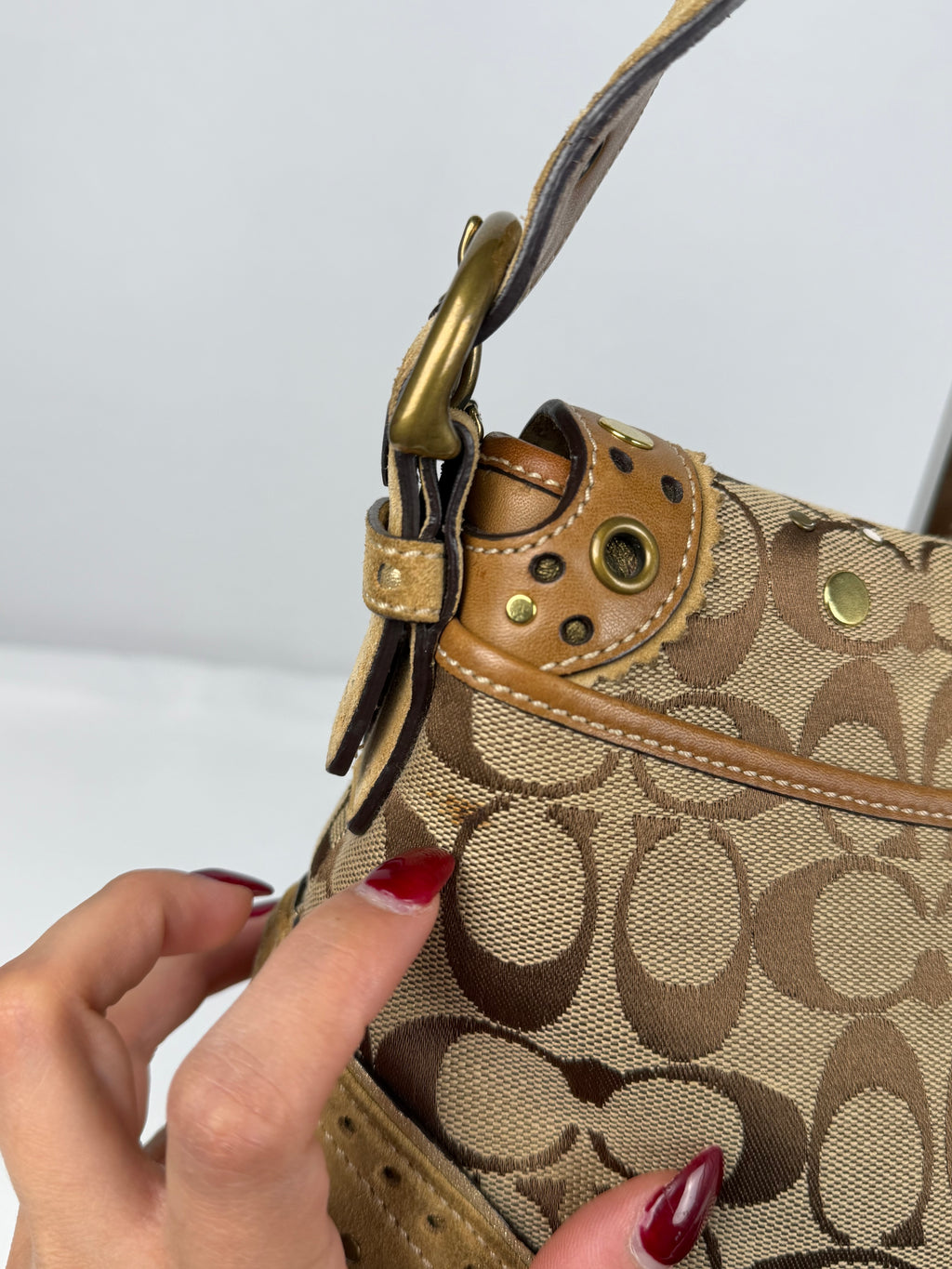RARE Coach 9451 Soho Signature Brown Shoulder Bag Studded Embellishments Suede Leather Trim