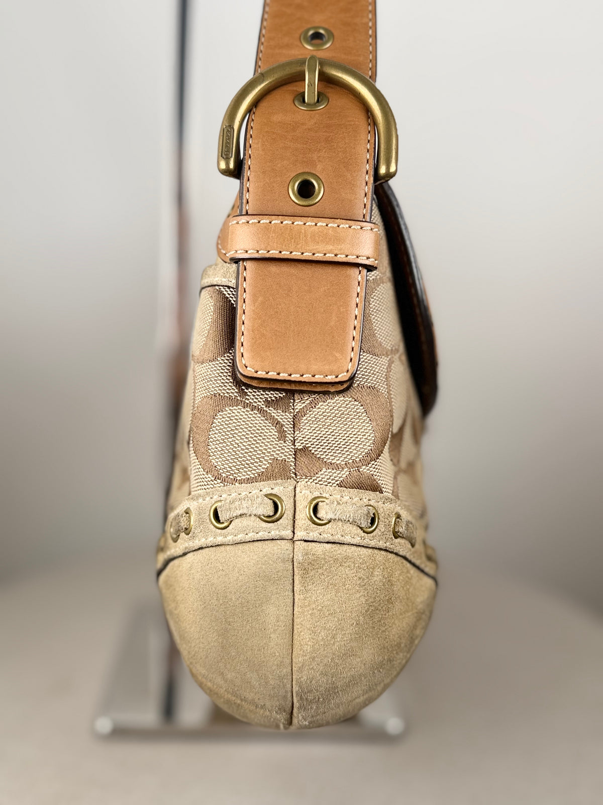 Coach 9373 Rare Soho Studded Hardware Signature Brown Monogram Shoulder Bag Suede Leather Trim