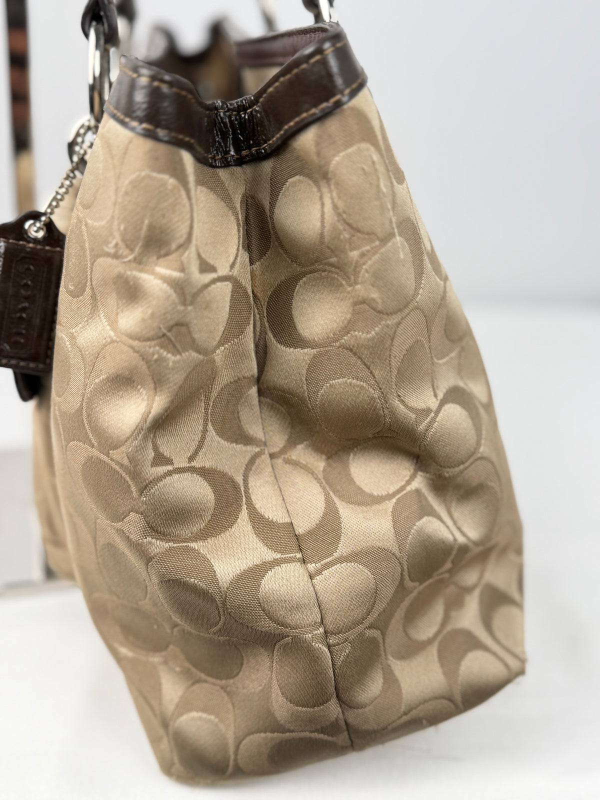 Coach F19043 Turnlock Signature Beige Monogram Shoulder Bag Brown Leather Trim