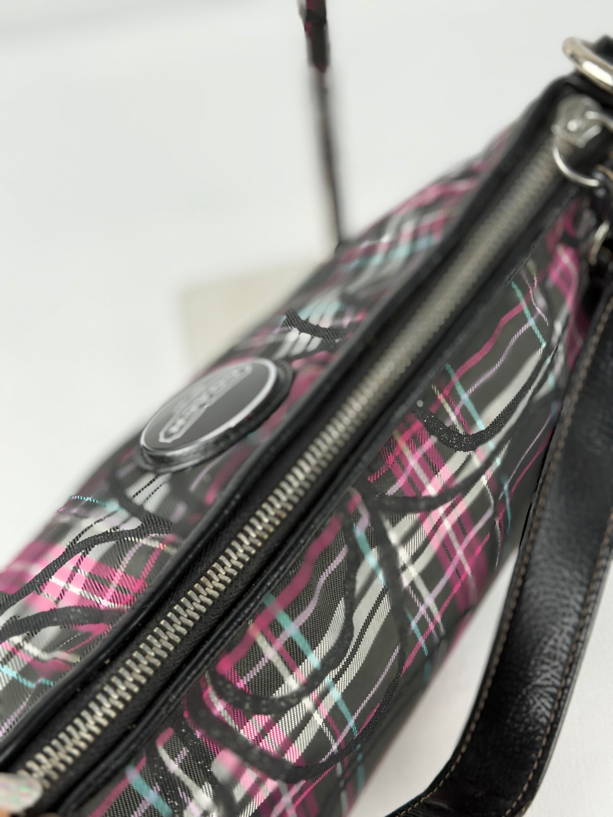 Coach F17670 Poppy Tartan Pink and Black Shoulder Bag Leather Trim