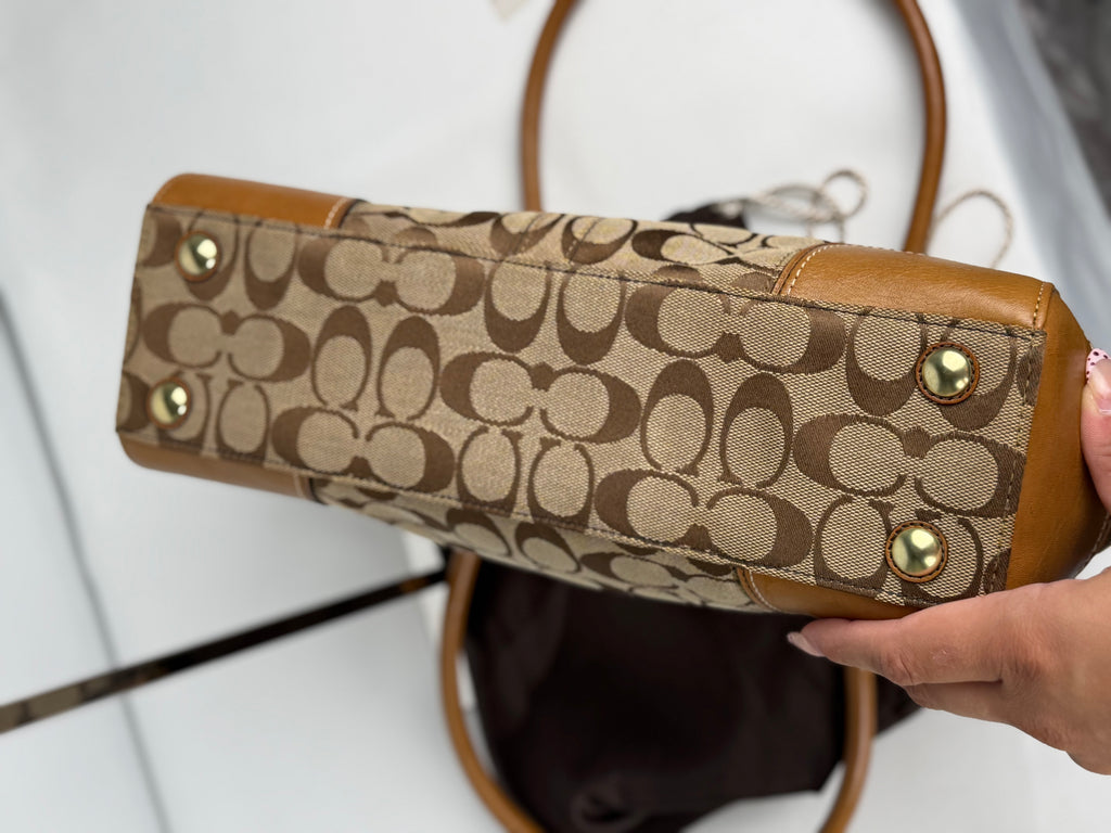 Coach 11062 Hampton Turnlock Signature Brown Monogram Shoulder Bag Leather Trim