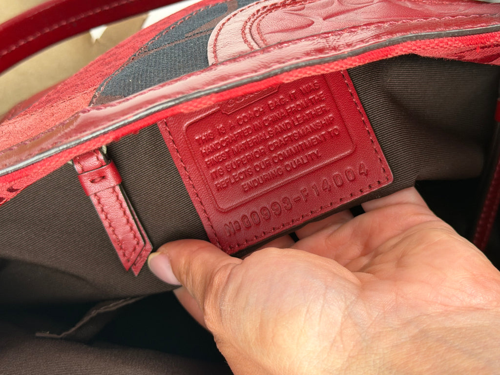 Coach F14004 Rare Red Patchwork Suede/Leather/Canvas Gallery Tote Shoulder Bag