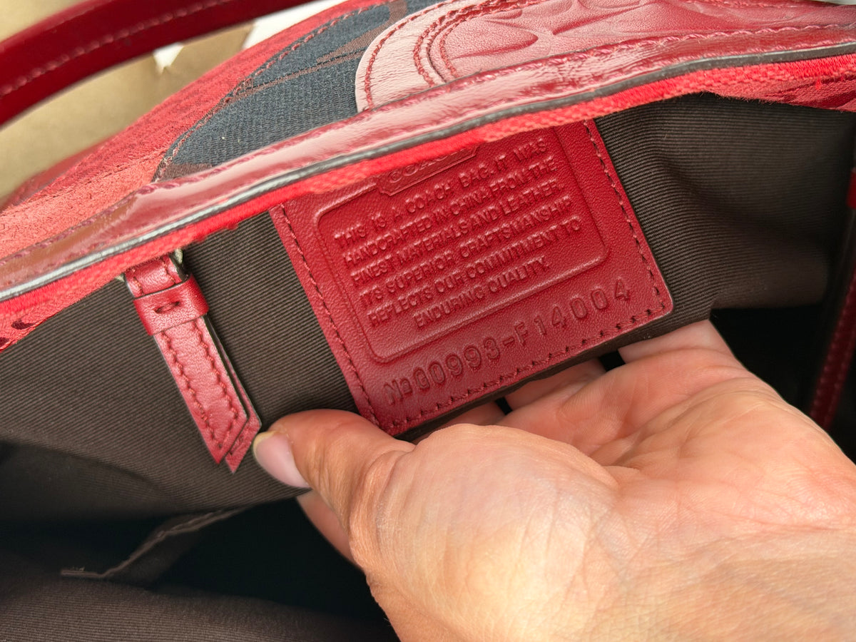 Coach F14004 Rare Red Patchwork Suede/Leather/Canvas Gallery Tote Shoulder Bag
