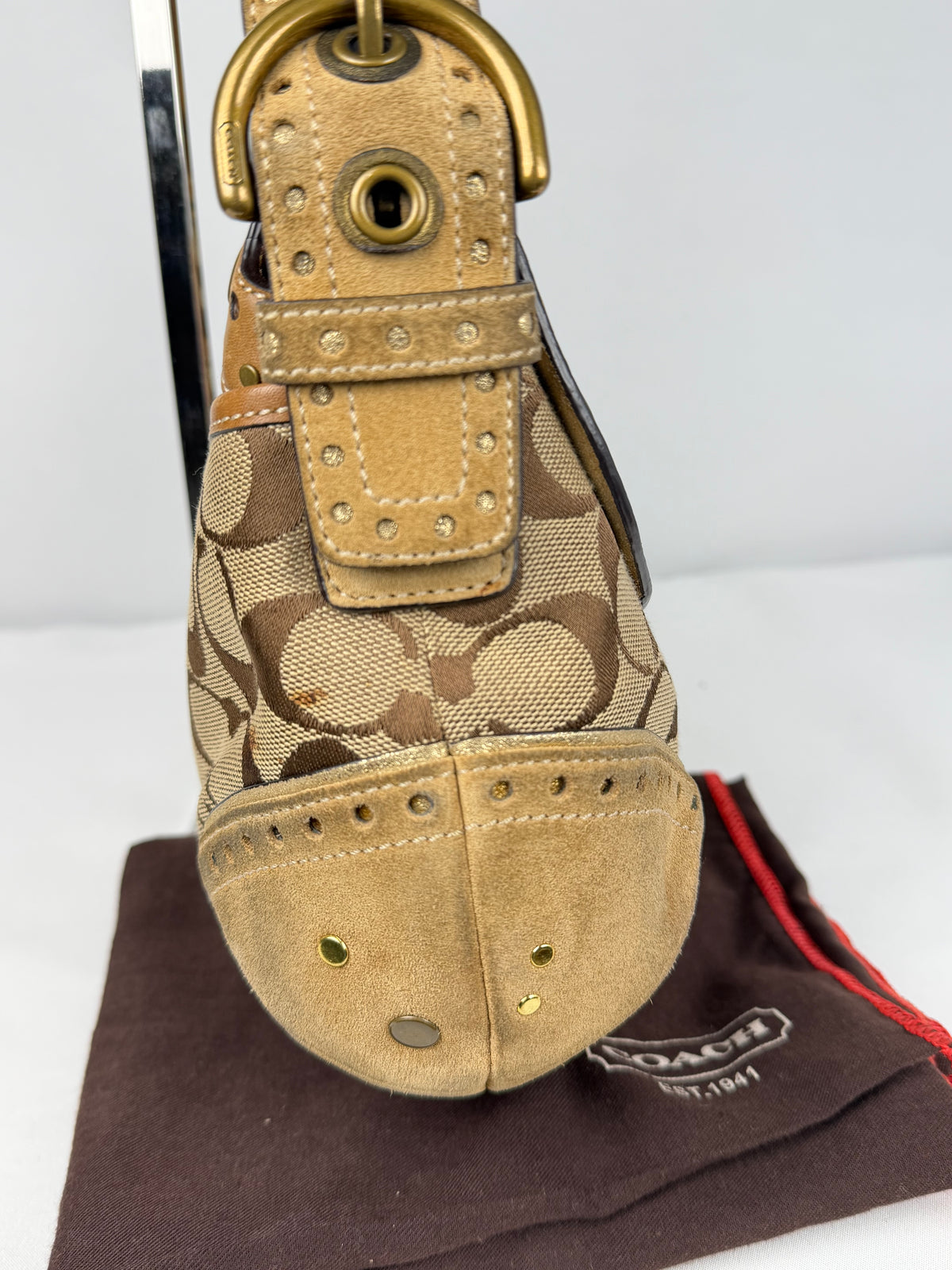 RARE Coach 9451 Soho Signature Brown Shoulder Bag Studded Embellishments Suede Leather Trim