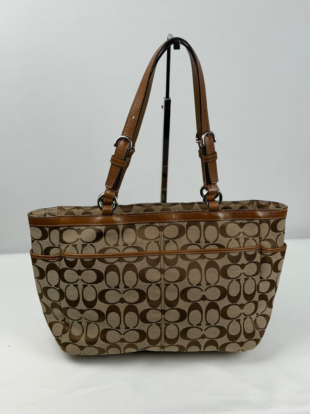 Coach F17726 Signature Brown Monogram Shoulder Bag Leather Trim