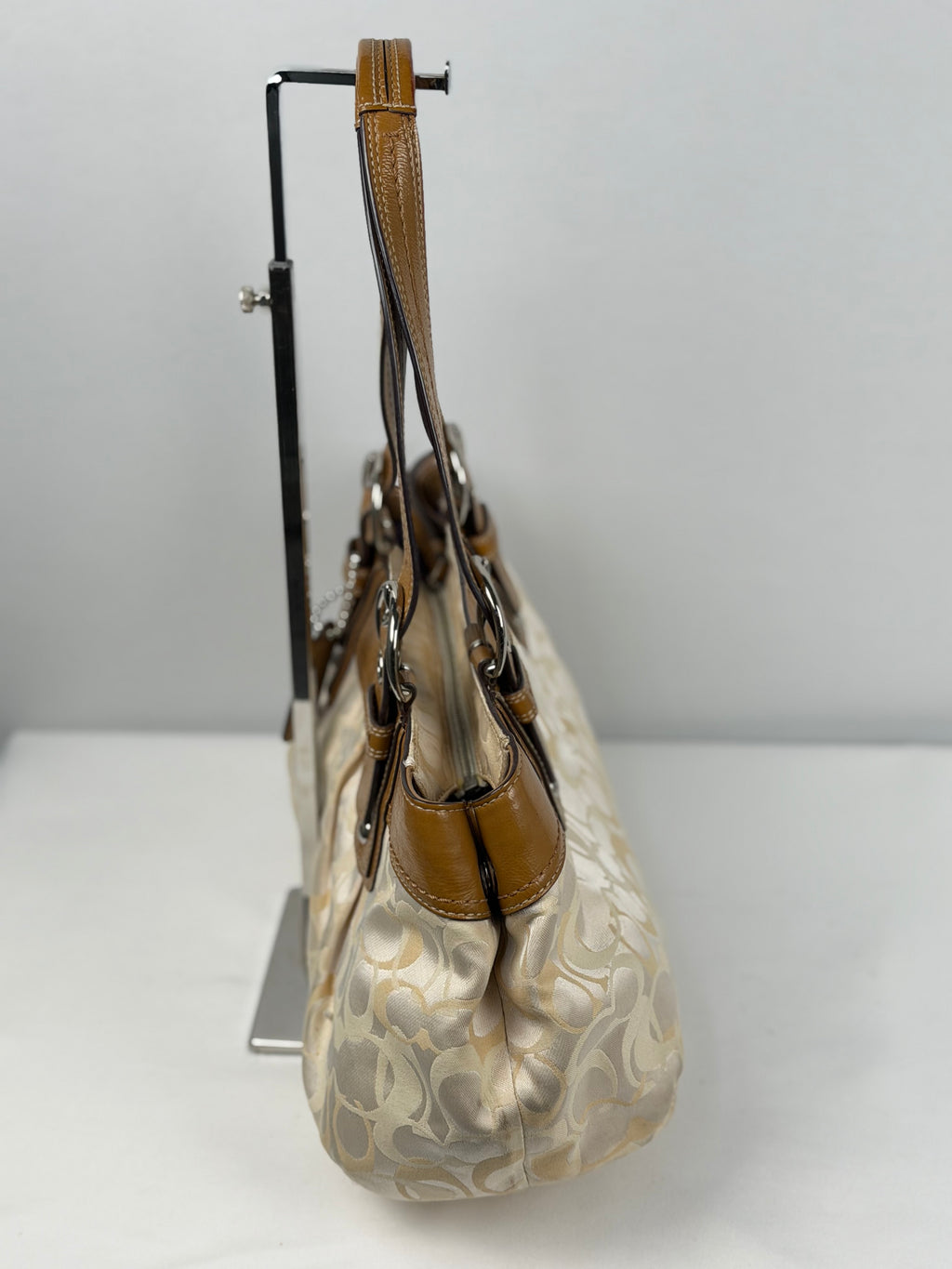 Coach F14492 Signature Cream/Beige/White Monogram Shoulder Bag Brown Leather Trim