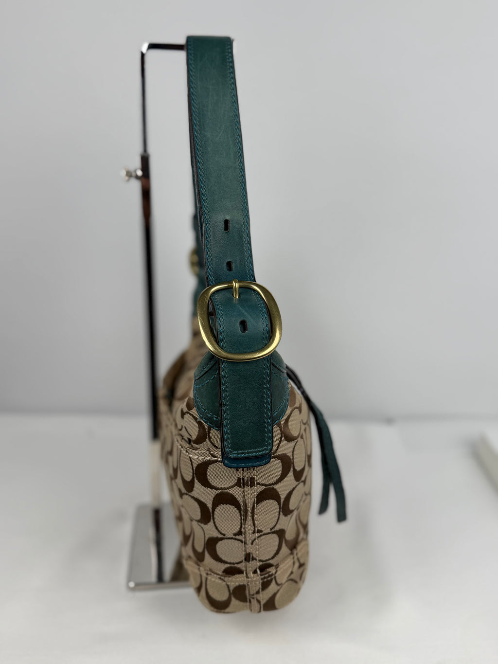 Coach 12594 Hobo Signature Brown Shoulder Bag Teal Leather Trim Convertible