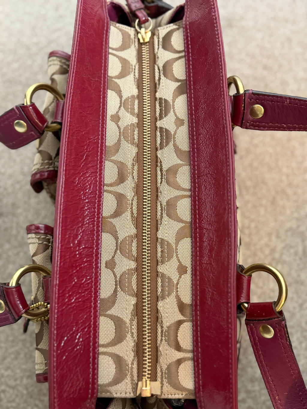 Coach F13131 Legacy Rare Turnlock Double Pocket Signature Brown Monogram Shoulder Bag Red Patent Leather Trim