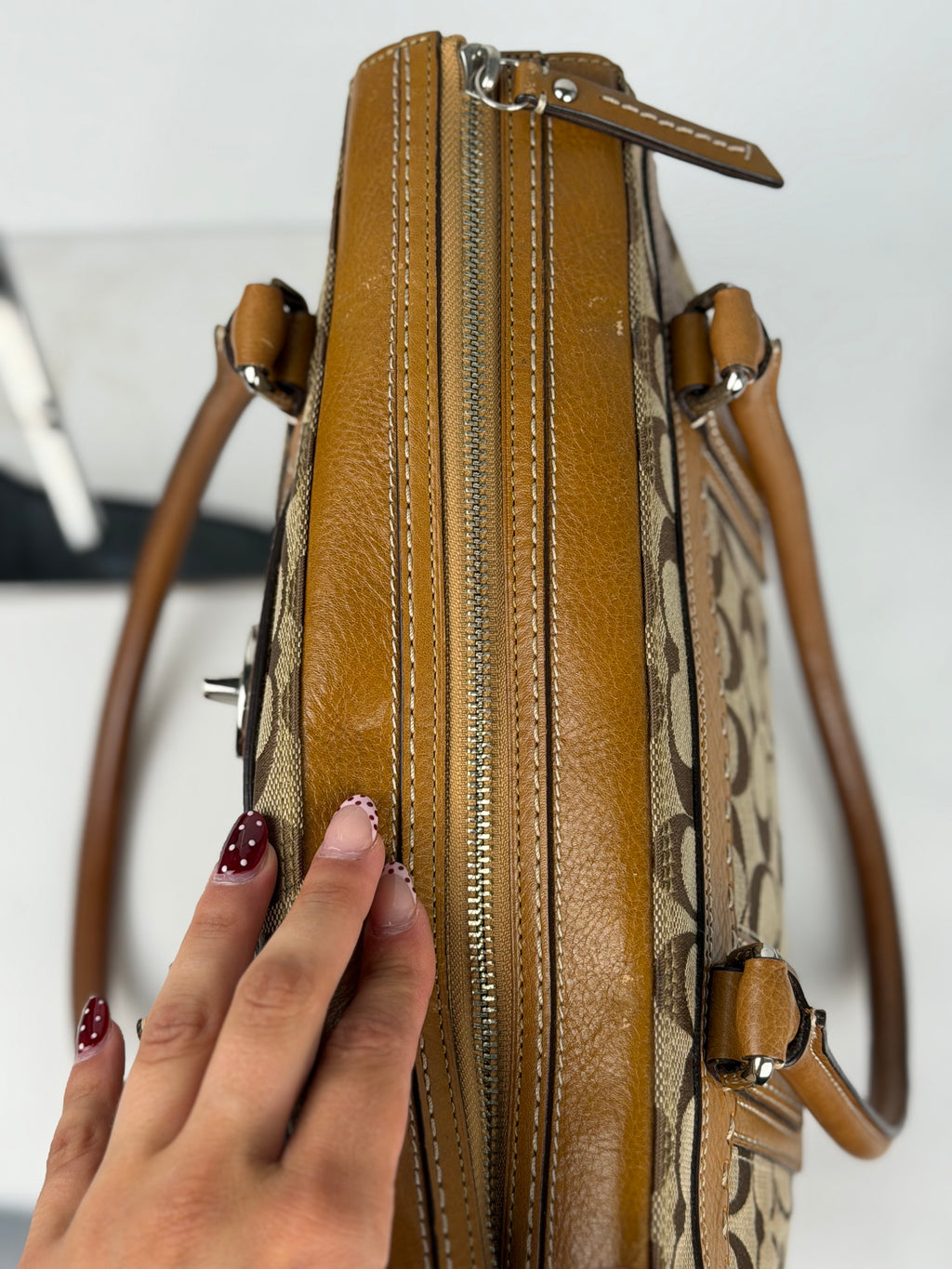 Coach 11589 Hampton Turnlock Signature Brown Monogram Shoulder Bag Leather Trim