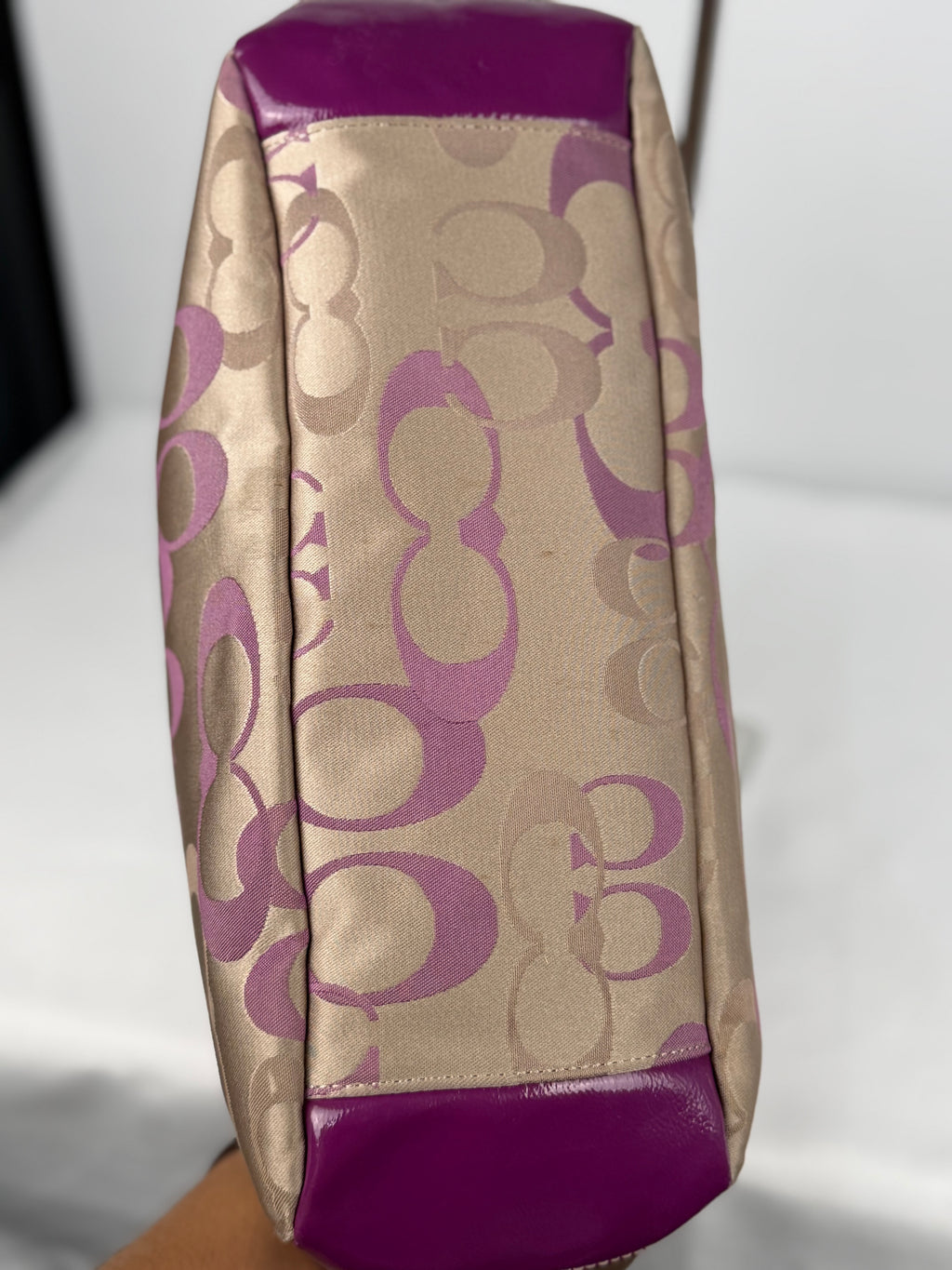 Coach F20444 Gallery Tote Optic Art Pink/Beige/Purple Shoulder Bag Leather Trim