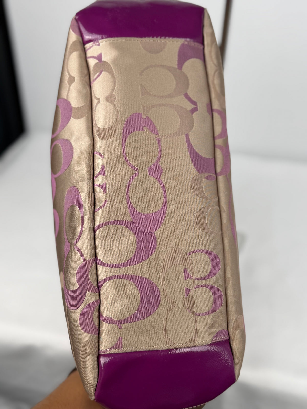 Coach F20444 Gallery Tote Optic Art Pink/Beige/Purple Shoulder Bag Leather Trim