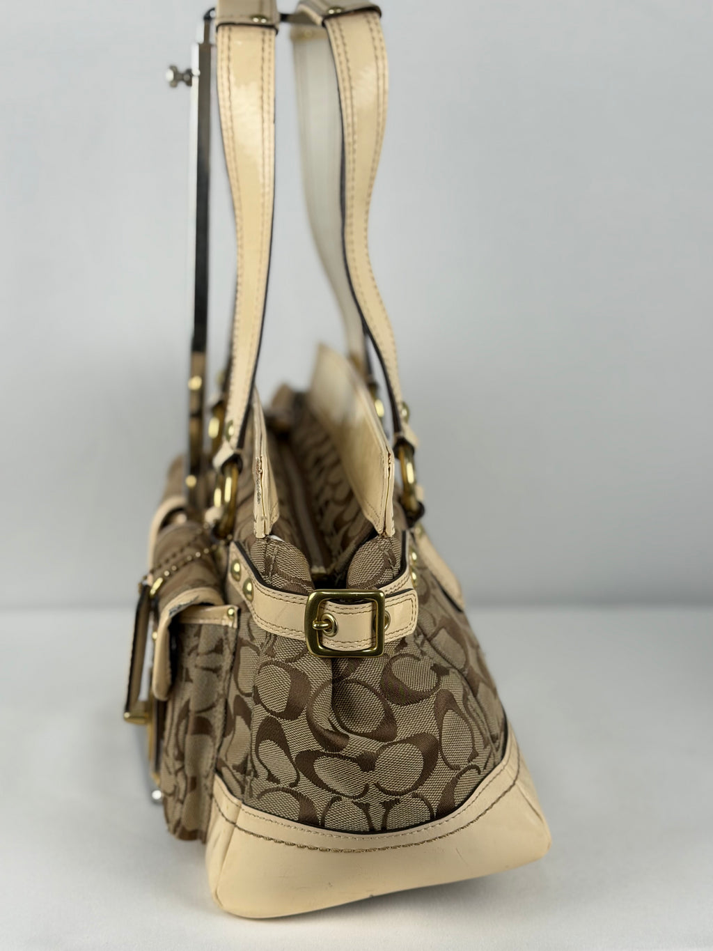 Coach Legacy F13131 Signature Brown Monogram Cream Patent Leather Satchel Shoulder Bag