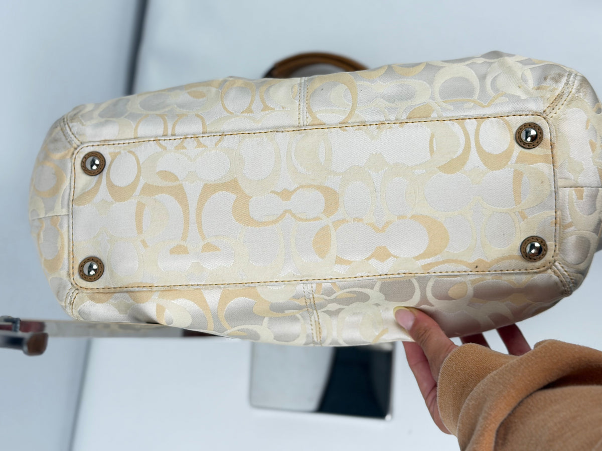 Coach F14492 Signature Cream/Beige/White Monogram Shoulder Bag Brown Leather Trim