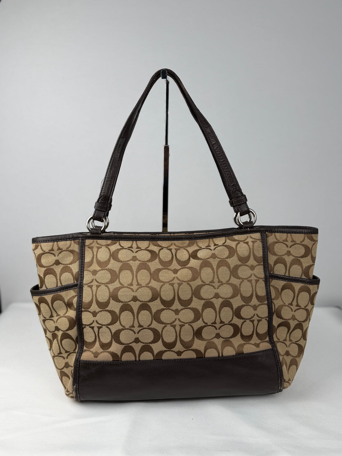 Coach F28728 Signature Brown Monogram Shoulder Bag Leather Trim