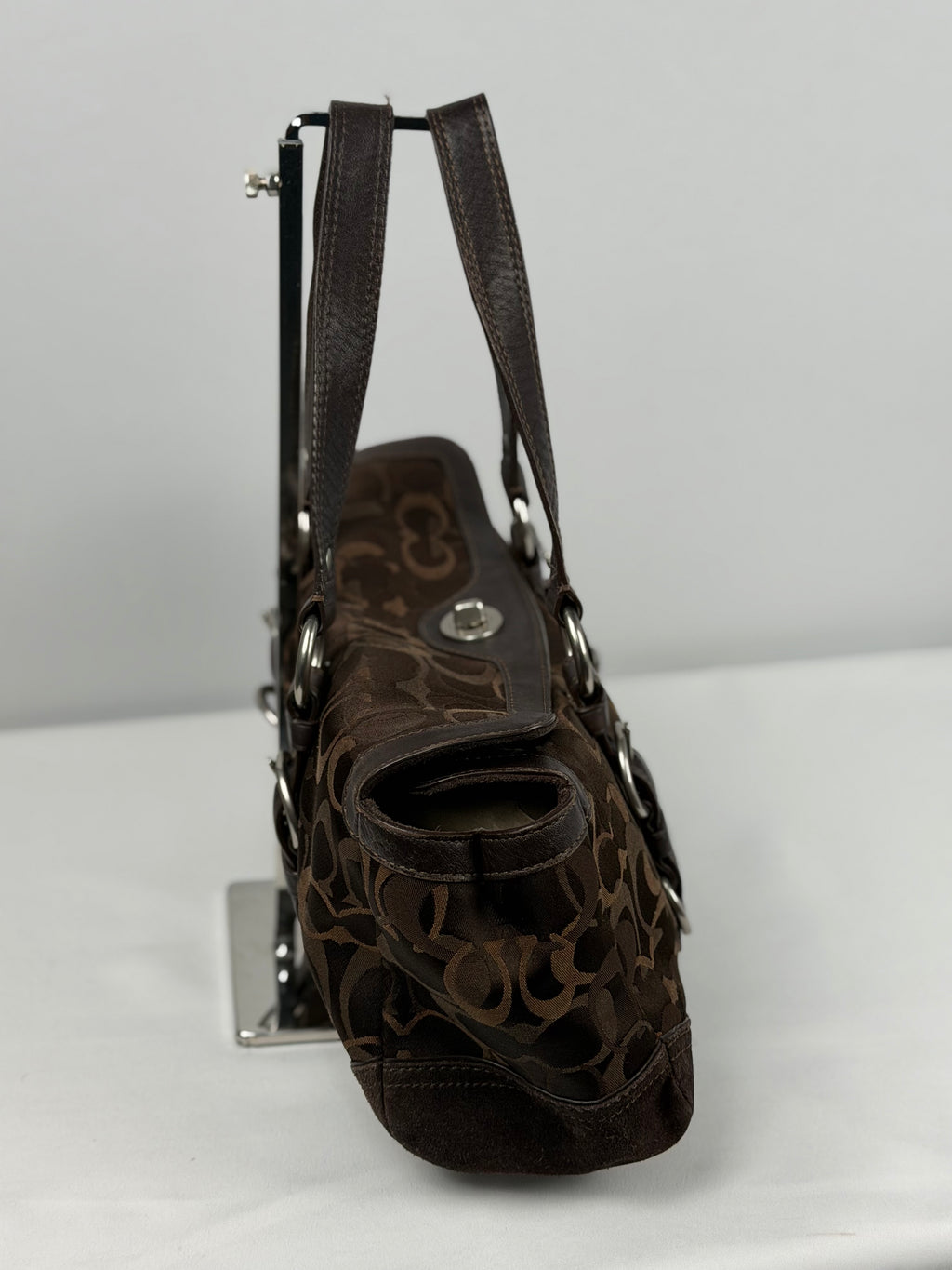 Coach 10145 Chelsea Turnlock Brown Op Art Shoulder Bag Suede Leather Trim