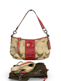 Coach F15111 Signature Beige Monogram Shoulder Bag Red Leather Trim