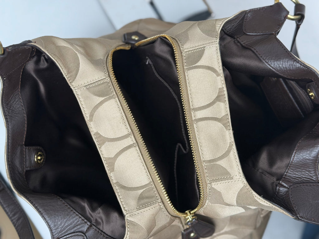 Coach F24742 Soho Beige Monogram Shoulder Bag Brown Leather Trim