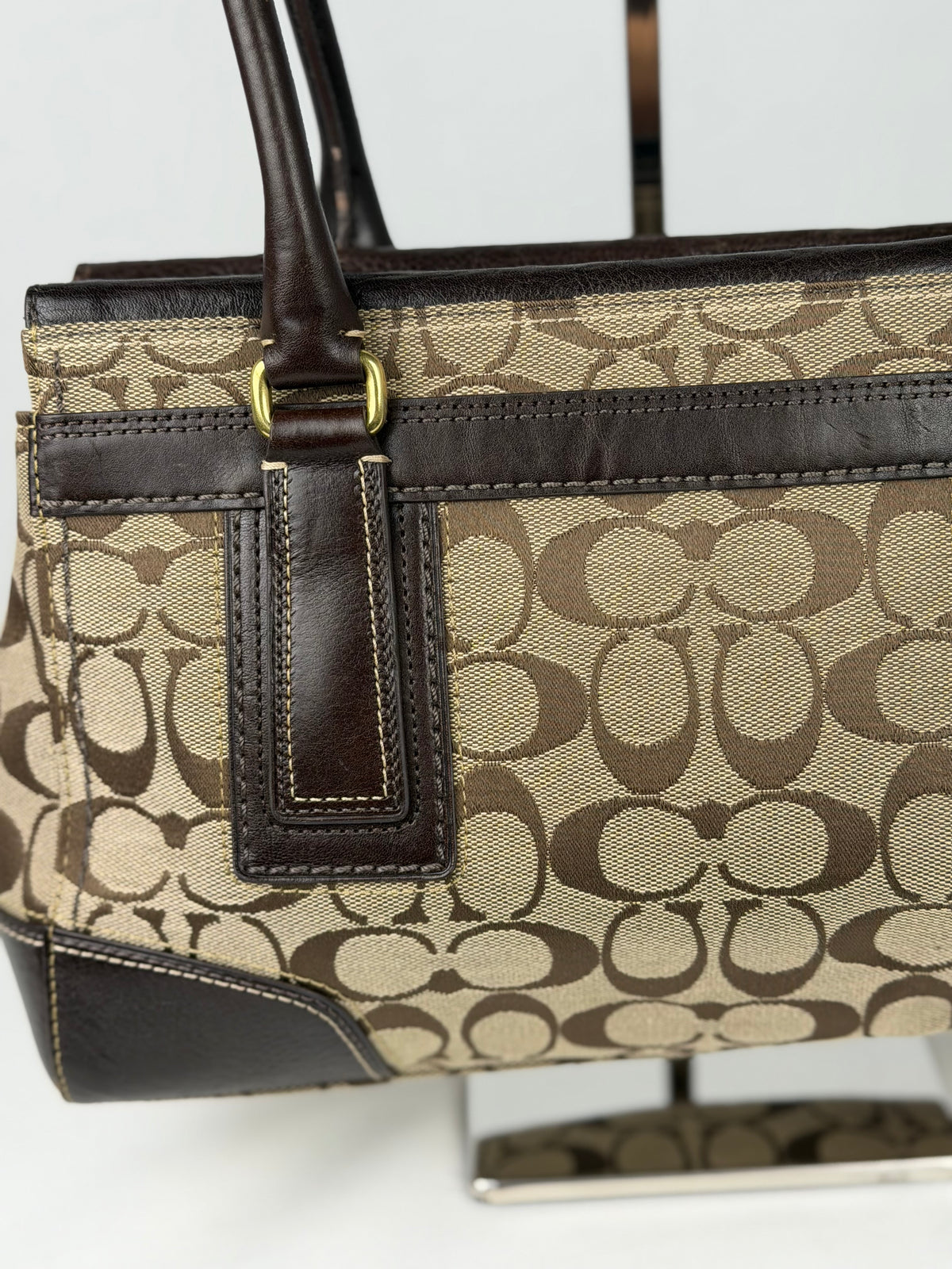 Coach 11062 Hampton Turnlock Signature Brown Monogram Shoulder Bag Leather Trim