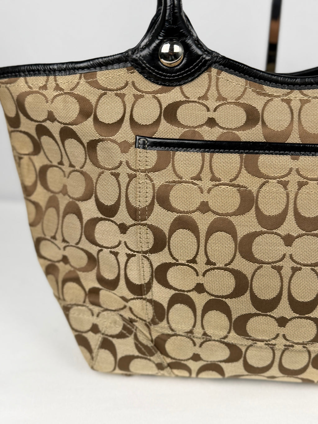 Coach F14385 Bleecker Signature Brown Monogram Tote Shoulder Bag Black Leather Trim