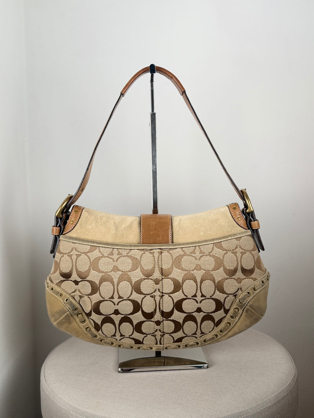 Coach 9373 Rare Soho Studded Hardware Signature Brown Monogram Shoulder Bag Suede Leather Trim