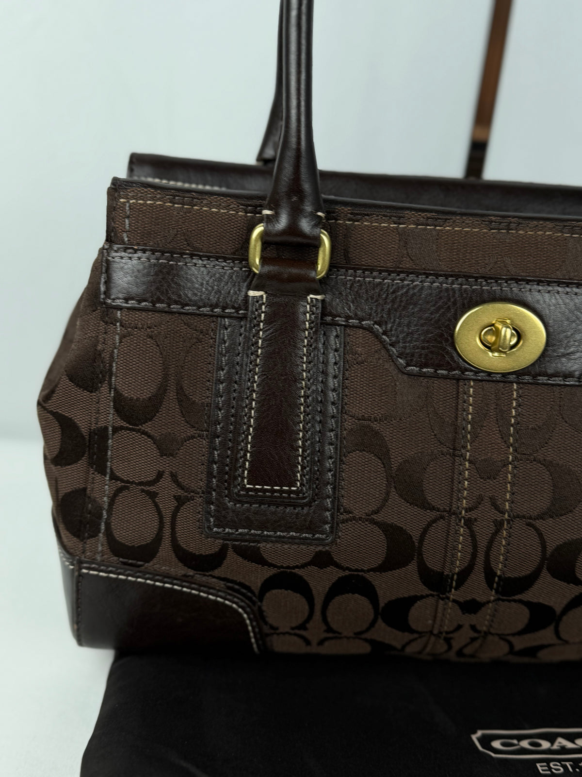 Coach 11062 Hampton Signature Chocolate Brown Monogram Shoulder Bag Leather Trim