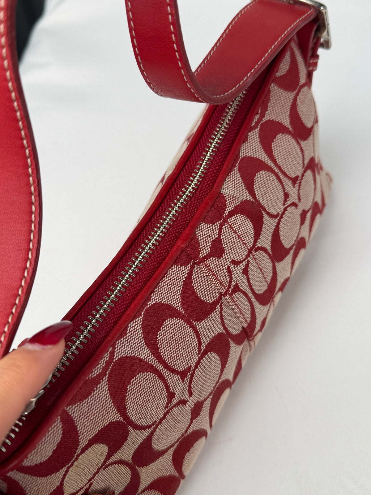 Rare Coach 6371 Signature Red Baguette Shoulder Bag Leather Trim