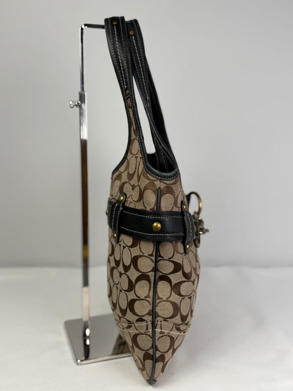 Coach 11280 Ergo Horsebit Signature Brown Monogram Shoulder Bag Black Leather Trim