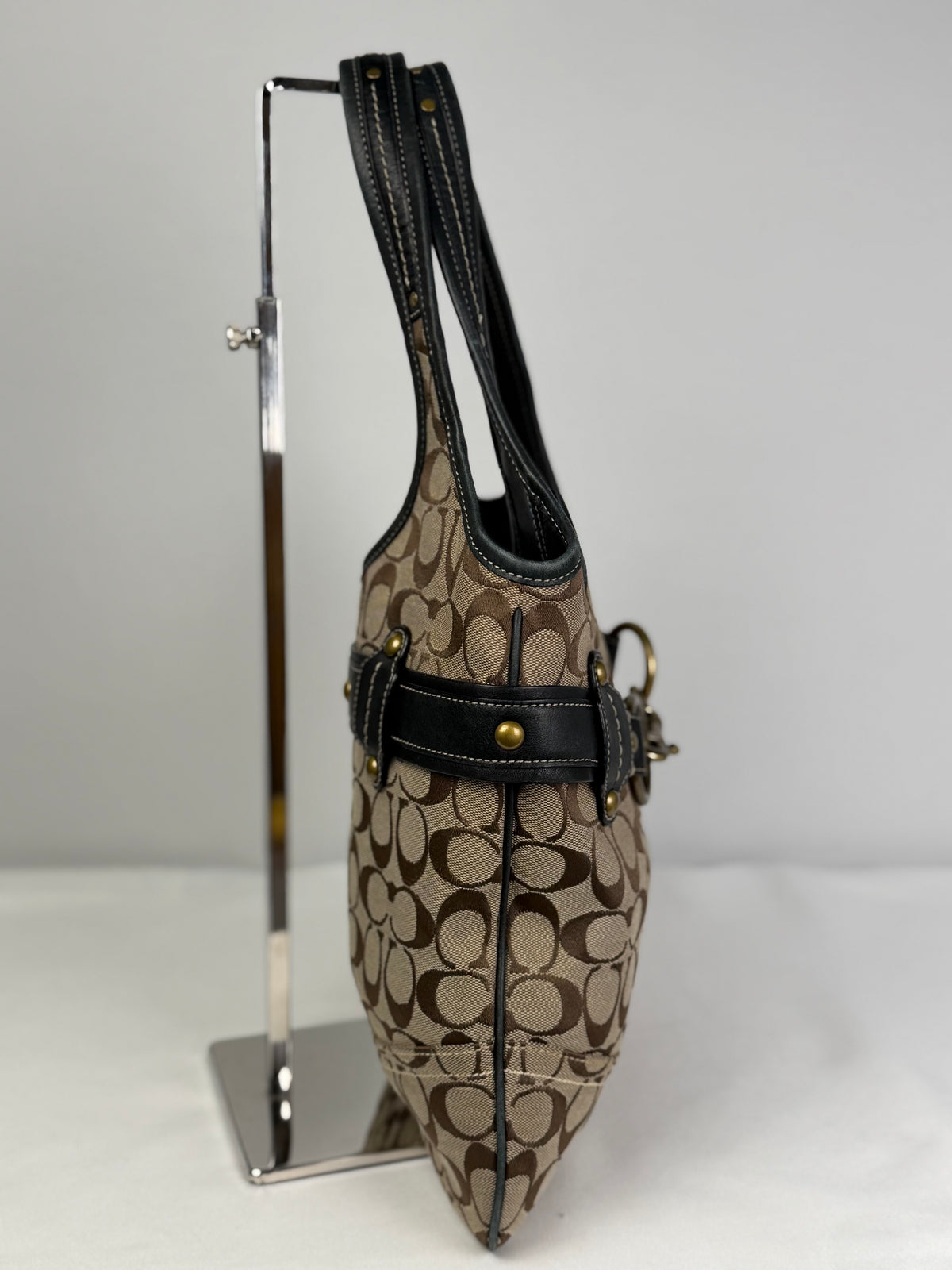 Coach 11280 Ergo Horsebit Signature Brown Monogram Shoulder Bag Black Leather Trim